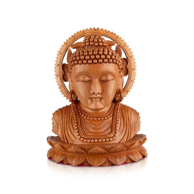 Buddha Bust Wooden Statue With Base - 8 x 7 Inches